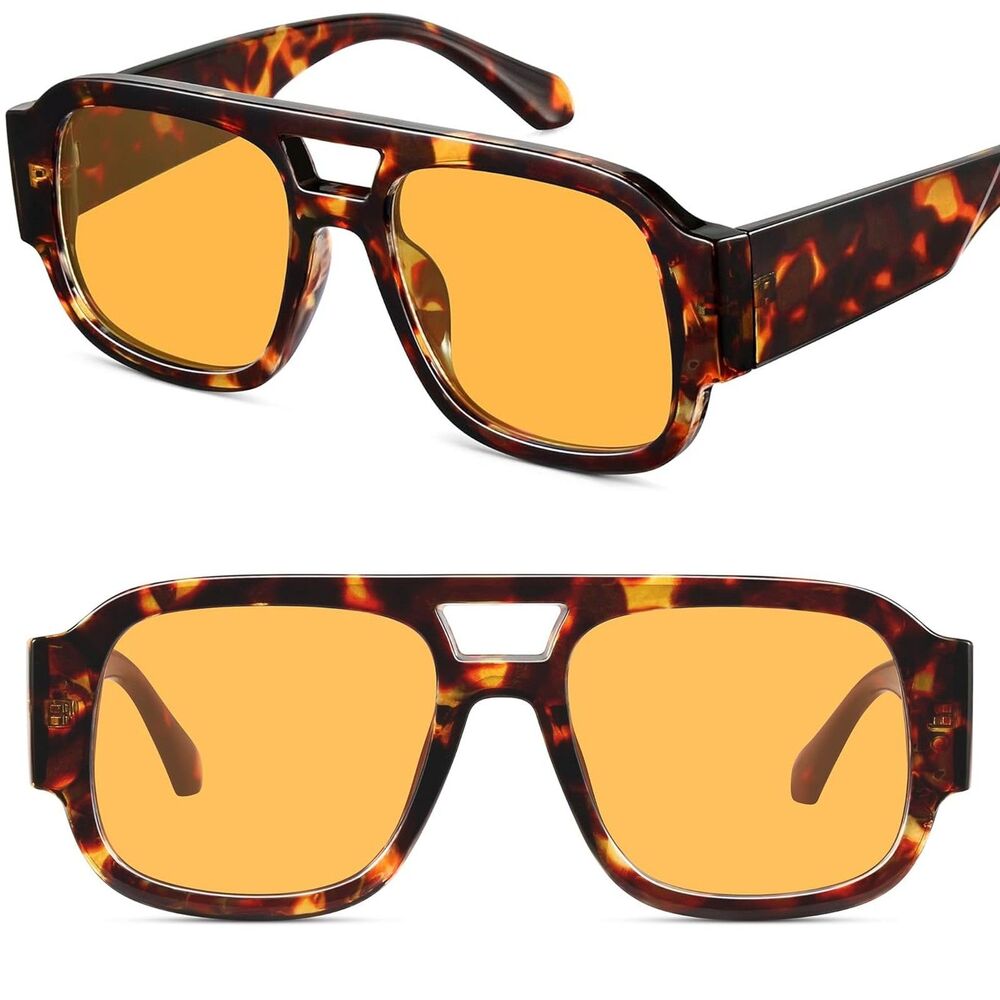 Women's Tortoise Orange Oversized Square Pilot Retro 70s Fashion Sunglasses
